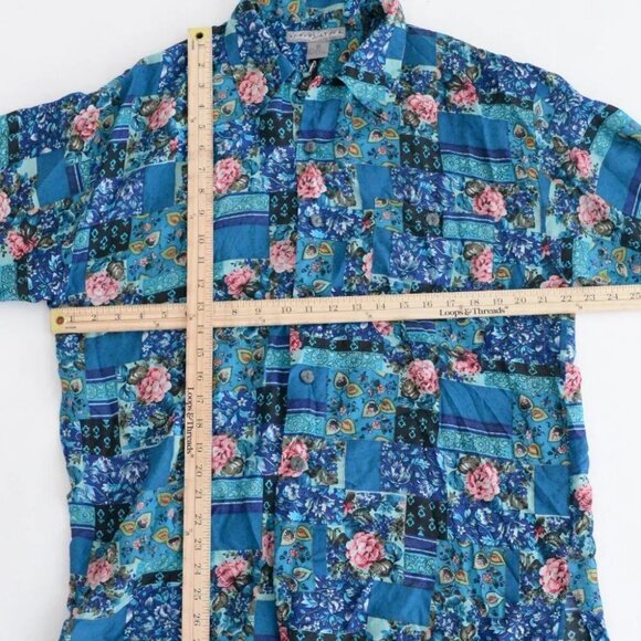 Vintage 90'S Robert Stock 100% Silk  Teal Floral Block Pattern Button Up Size M - Picture 4 of 11